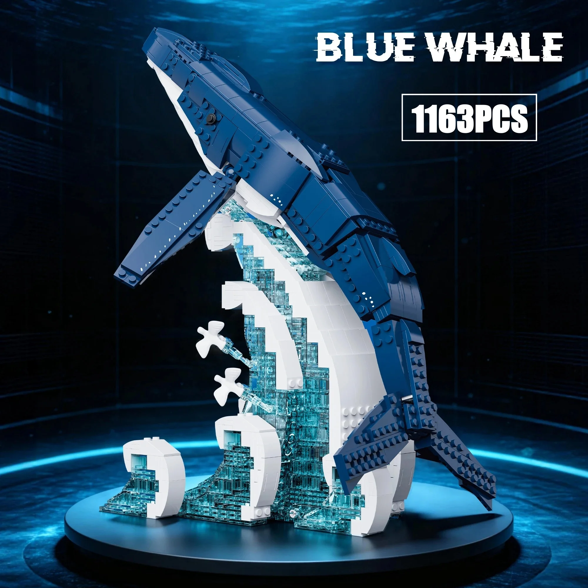 

1163PCS Blue Whale Building Blocks Articulated Joint Ocean Animal Model With Transparent Wave Base Bricks Desktop Ornament Toy