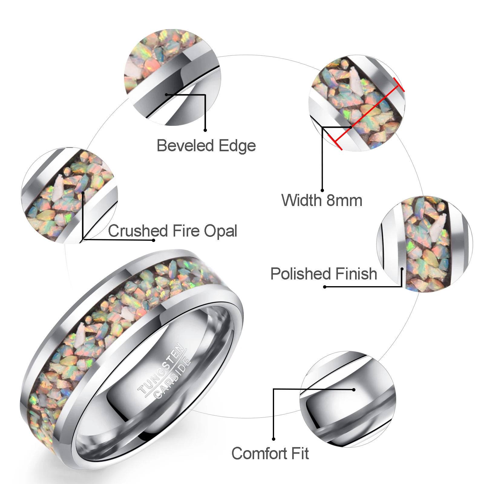 Nuncad 8mm Steel Color Electroplated Polished Natural Colorful Opal Tungsten Carbide Rings Men\'s Jewelry Wedding Bands Rings