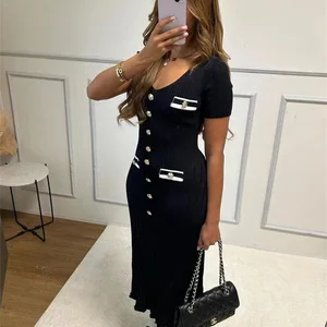Elegante vestido longo de malha feminino, senhora do escritório, manga curta, decote V, bodycon de peito único, moda festa, verão 8 principais vendas vestido longo casual verão decote v - №4
