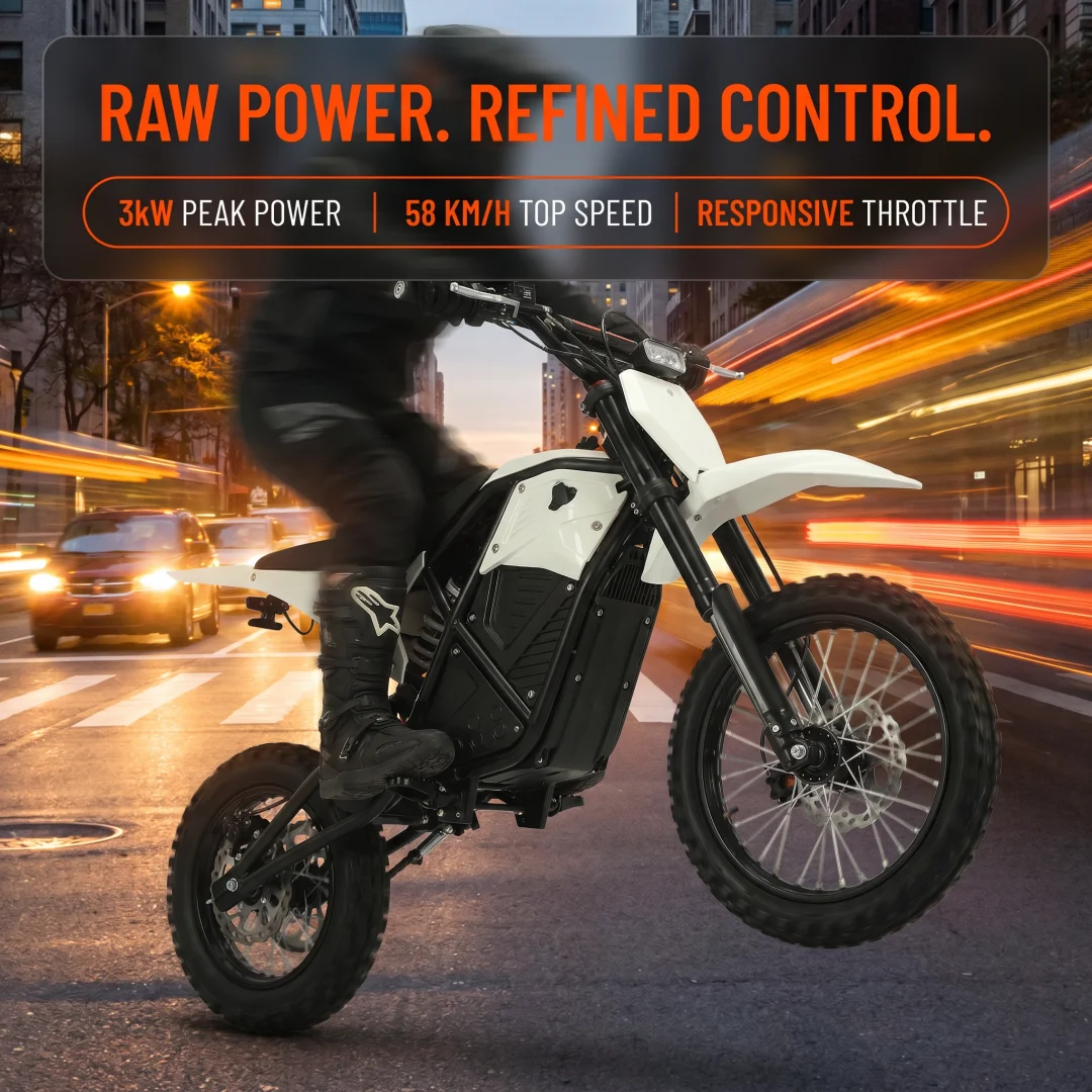 White Mid Drive Brushless Electric Dirt Bike Removable Safe Lithium Battery IPX6 Waterproof Adult Off Road Motocross Full Hydraulic Suspension Nitrogen Shock Absorber Hydraulic Disc Brake Chain Drive Heavy Duty Frame Off Road Racing Motorcycle
