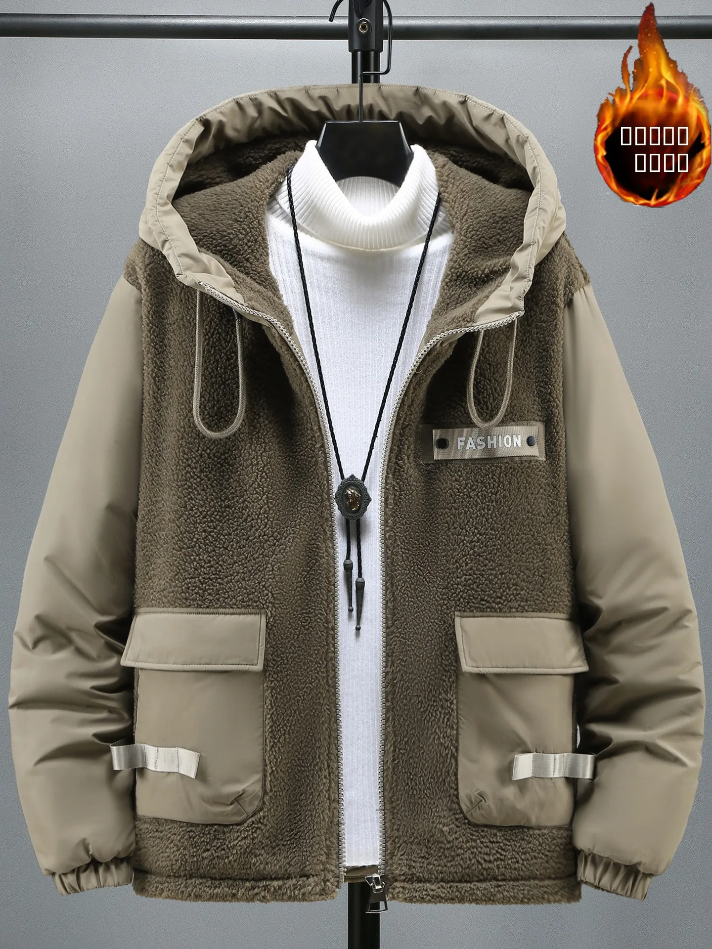 

Warm Fleece Autumn Winter Men's Cotton Jacket Stylish Hooded Coat Fashionable Thickened Polyester Inner Long Sleeve Zipper Cl...