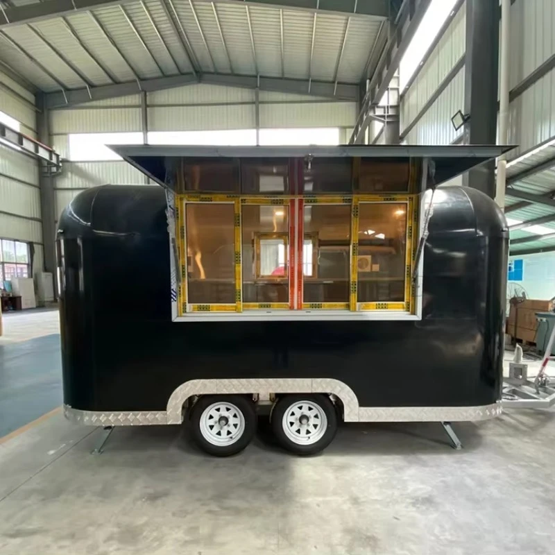 Black Mobile Food Trailer with Sliding Windows Compact Mini Kitchen and Multifunctional Fast Food Setup for Urban Street Vending