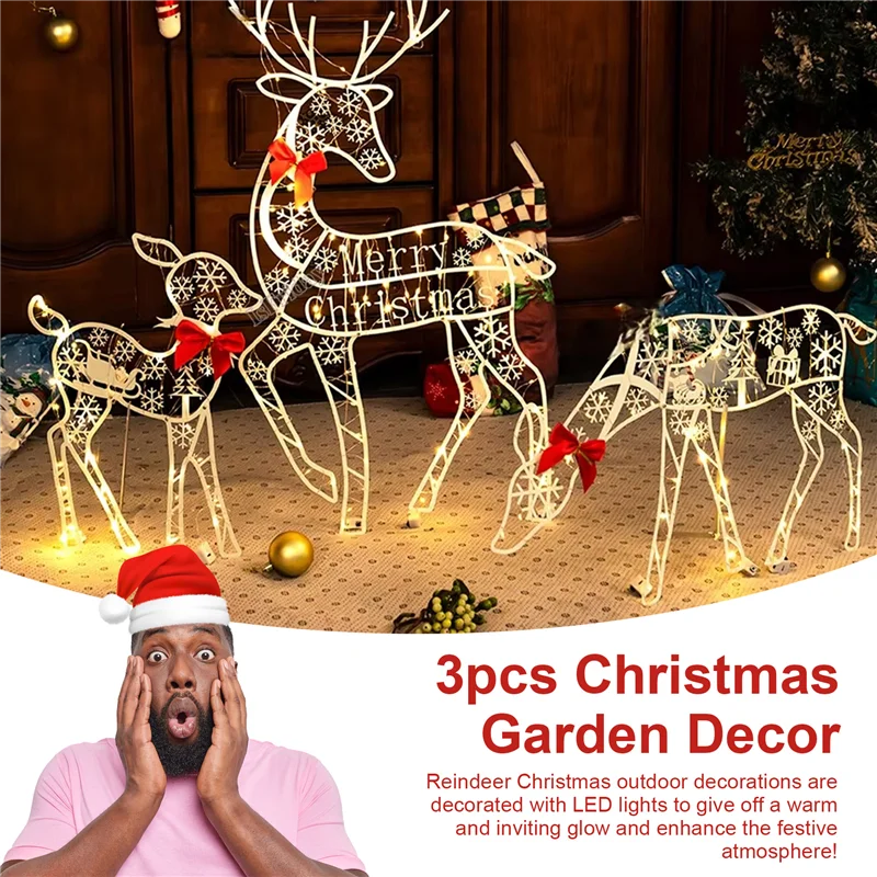 

-AA95 3PCS Handmade Iron Artelk Deer Christmas Garden Decor &LED Light Glowing Glitter Reindeer Xmas Home Outdoor Yard Decor