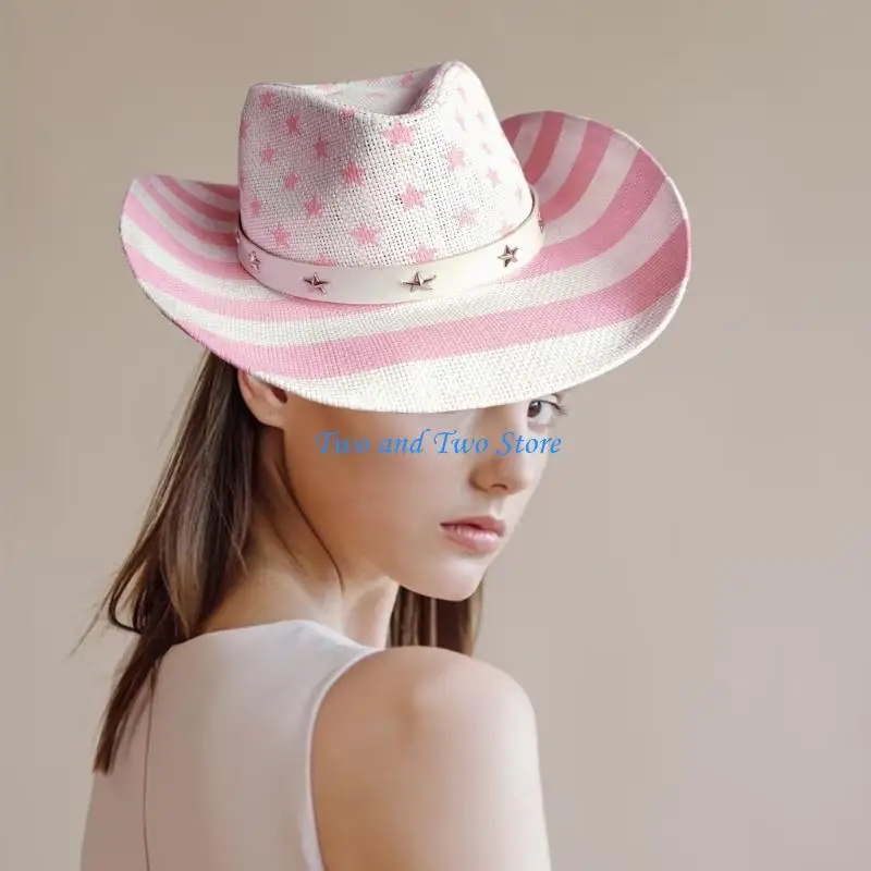 

HX6F Woman Striped Cowgirl Hat for Summer Lady Taking Photo Hat with Star Rivet Decor