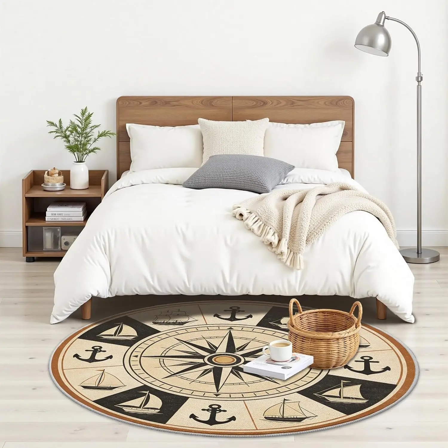 Round Nautical Area Rug Coastal Ocean Decor Polyester Mat with Ship Anchor and Compass Design Vintage Seaside Beach House Living
