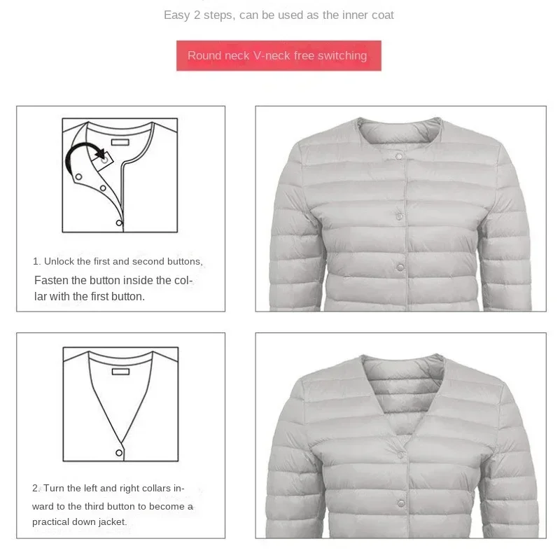 Veste en duvet de canard pour femme, col rond, col en v Variable, automne printemps automne, sans col, manteau matelassé léger, nouvelle collection 2024