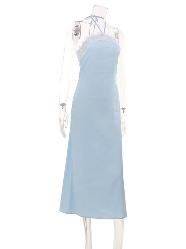 Slim Bodycon Summer Sleeveless Soft Casual Chic Bright Midi Dresses Designed For Women Street French Lace Patchwork Neck-Mounted