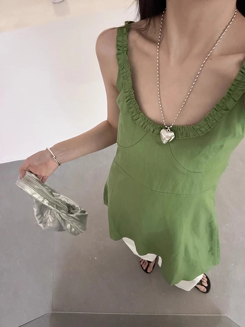 ReddaChic Casual Plain Linen Women Mini Dress Solid Spaghetti Strap Crew Neck Sleeveless A-line Sundress Holiday Summer Clothes