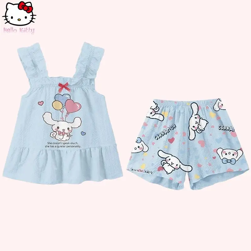 

Kawaii Girls Kuromi Vest Suspender Bow Anime Pajamas Set Cartoon Summer New Sanrio Print Princess Sleeveless Home Clothes Sweet