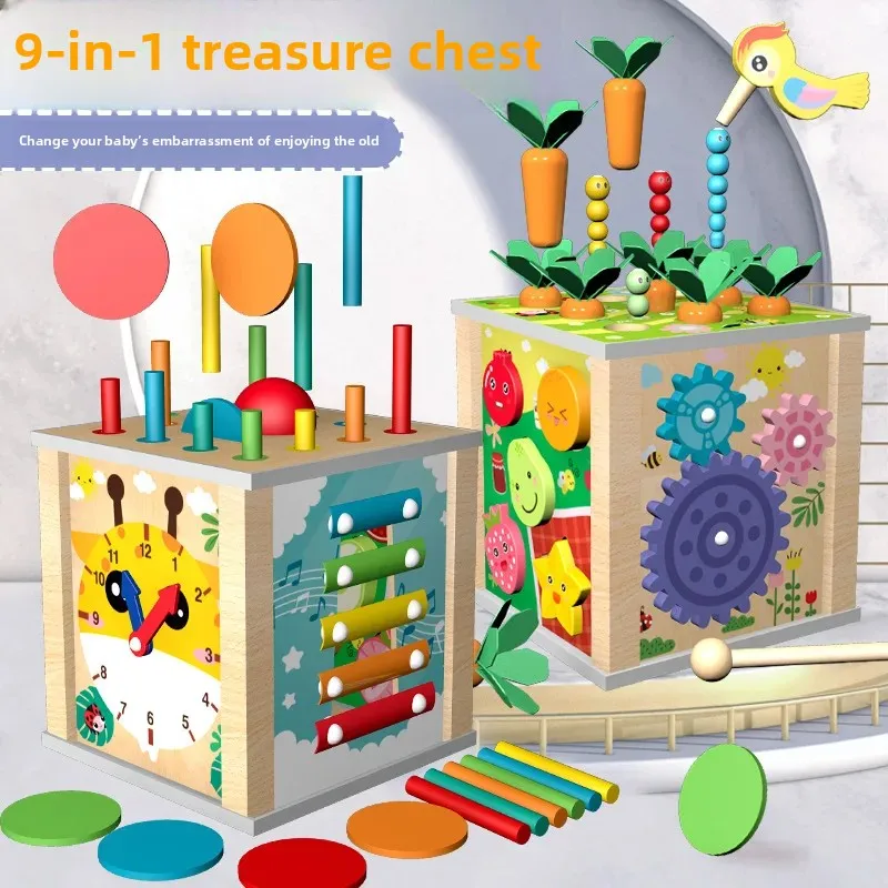 Montessori Wooden Multifunctional Bead Maze Cube - Preschool Toy for Babies & Kids, Developmental Toy with Xylophone & Clock