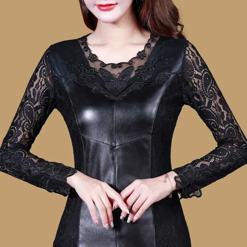 1pcs Women's Blouses Tops 2024 Spring Lace PU Leather Embroidery Splicing Hollow Long Sleeve Primer Ladies Skinny Retro Shirts