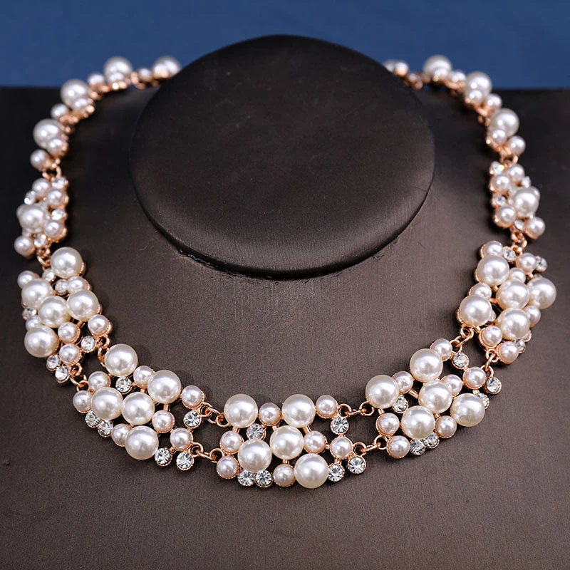 Rhinestone Fashion Women Bridal Elegant Wedding 3pcs/set Party Pearl Angle Necklace Earrings Jewelry Set Banquet Gift