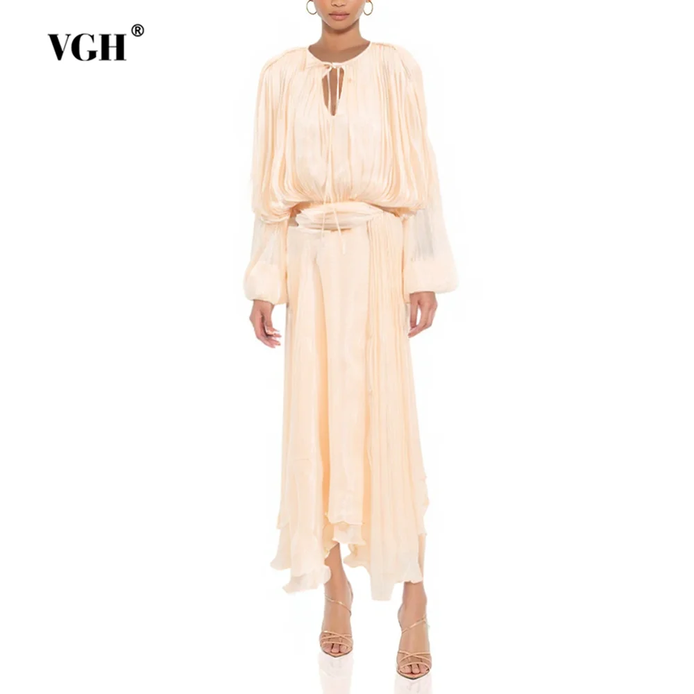 

VGH Solid Spliced Folds Temperament Dresses for Women O Neck Long Sleeve Patchwork Lace Up Blouse High Waist Maxi Dress Female