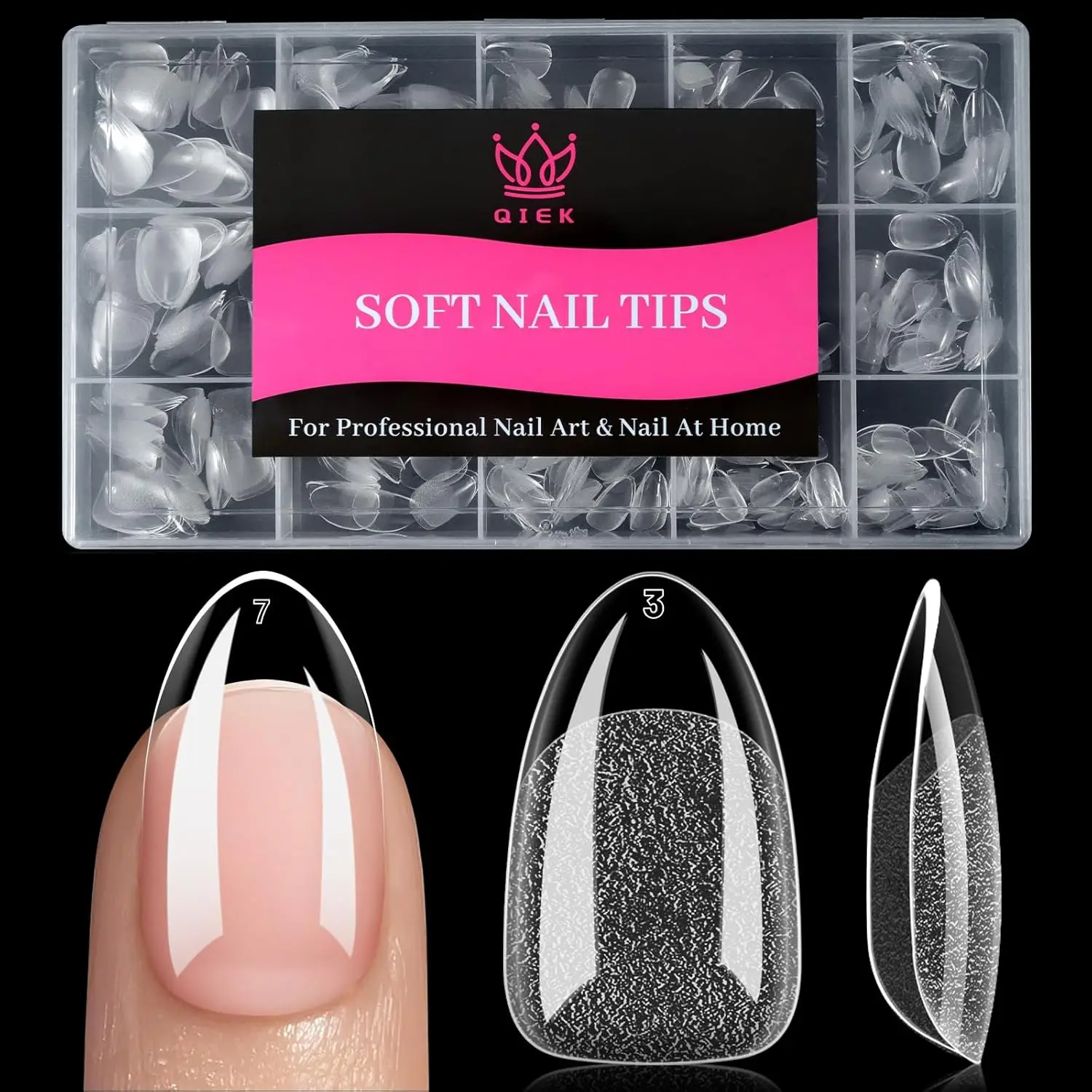 

240PCS Short Almond Nail Tips, 15 Sizes Pre-Shaped Clear Fake Nails, Soft Gel Full Cover for DIY Manicure