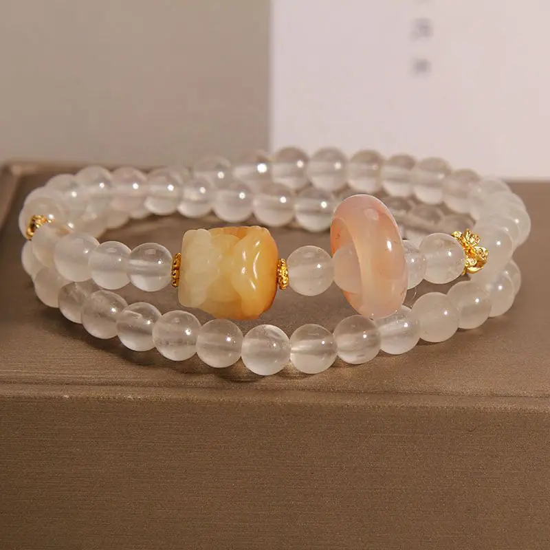 Original Natural Jinsi Jade Double Circle Bracelet Exquisite Niche Xingshi Flexible Ring Twin Beaded Multi-Layer Bracelet