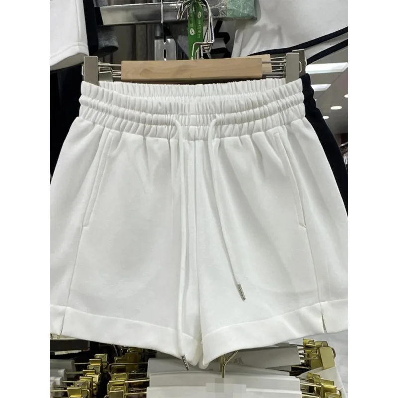 Simple Casual High Waist Side Slit Short Pants Women's Summer 2025 Loose Slim Wide Leg Sports Drawstring Trousers