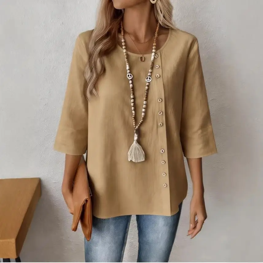 

Свободная хлопково-льняная базовая рубашка с круглым вырезом и рукавом 3/4, женская модная новинка весна-лето, удобный крой, европейские размеры