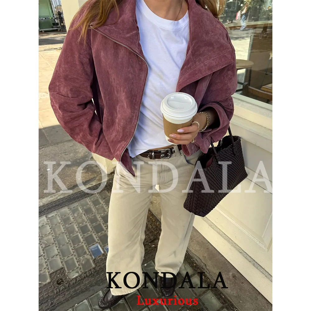 KONDALA Lässige, schicke Wildleder-Bomberjacke für Damen, langärmelig, mit Reißverschluss, Stehkragen, Damenmantel, Herbst/Winter, mit Taschen, Streetwear-Jacke – Detail 3