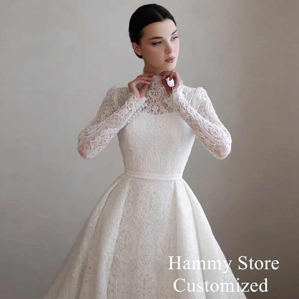 Saud Wedding Dress High Neck Customized Full Sleeves Court Train Vestido De Noiva Arabian Lace Bridal Gown A Line Design