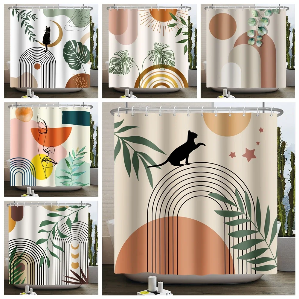 Mid Century Boho Shower Curtain for Bathroom Cat Modern Abstract Geometry Arch Sun Aesthetics Bohemian Shower Curtain Waterproof