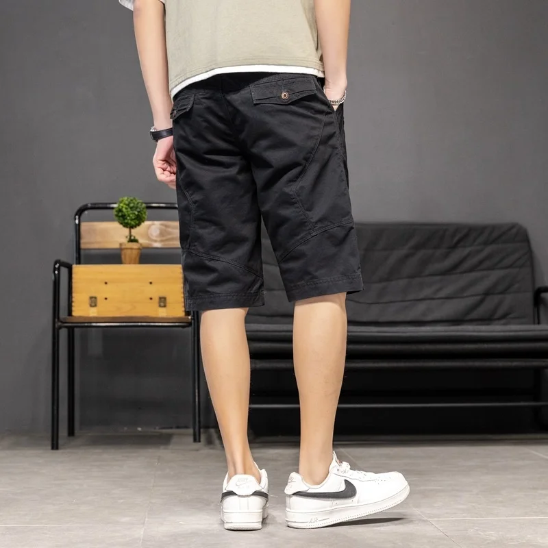 

Solid Color Casual Cargo Short Men Mid-waist Straight Knee Length Summer Pant Pure Cotton Breathable Leisure Mens s