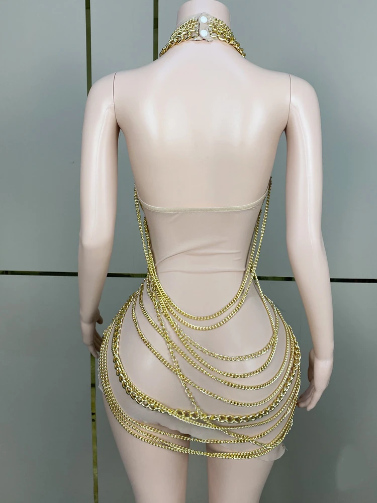 Mode sehen durch nackte Mesh Frauen Kleid glänzend goldene Kette Kleid Party Bar tragen singen Bühne Performance Kostüm