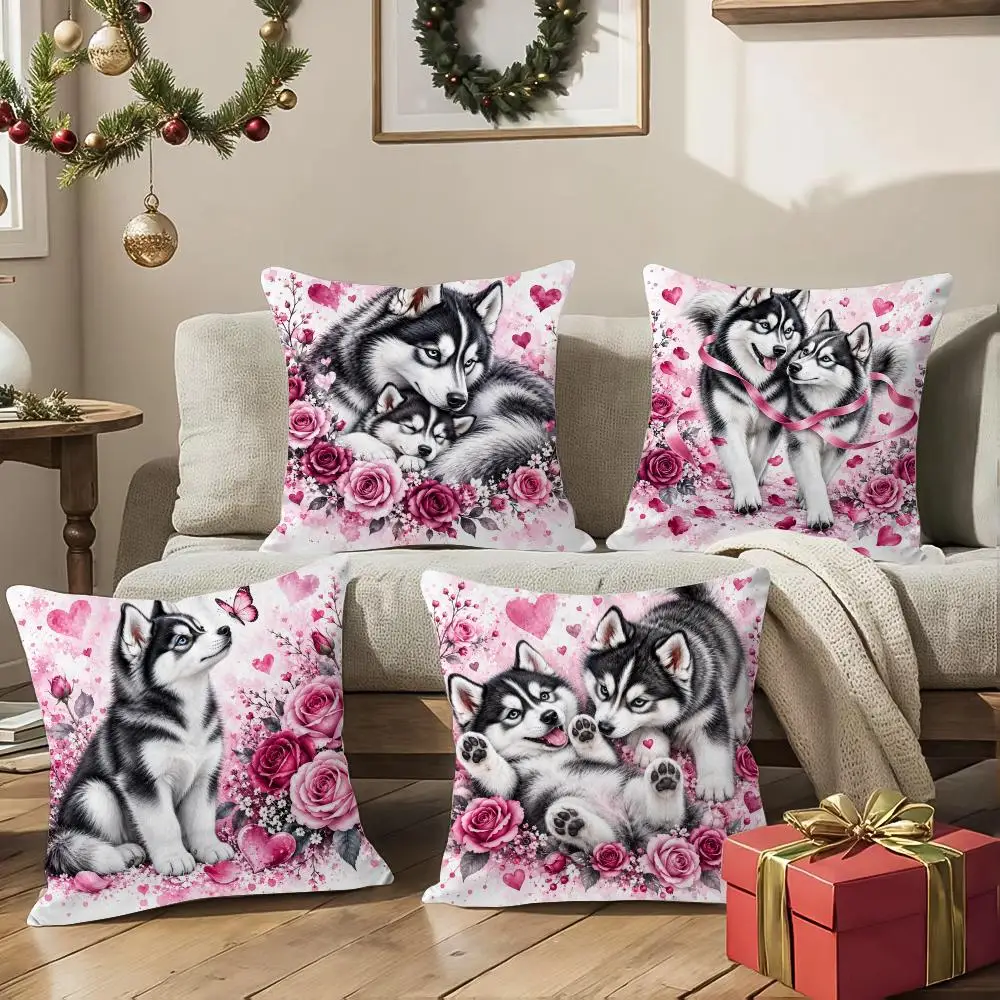 Husky Rose Affection Cushion Cover 1/4Pcs Soft Plush Cushion Case Throw Pillowcase Cozy Home Sofa Bed Living Room Decor