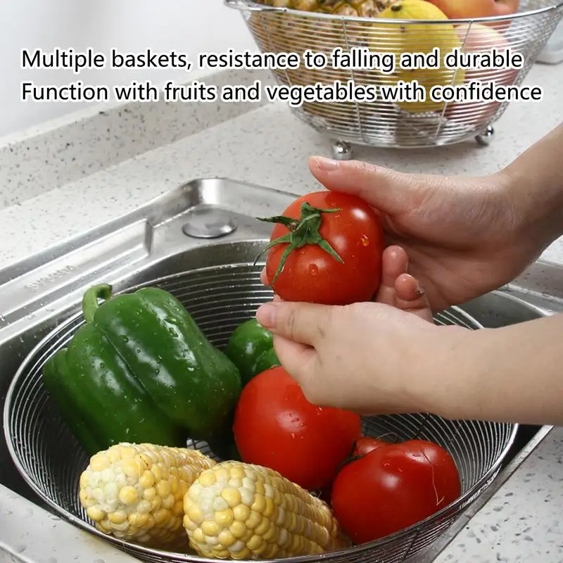 

Vegetable Cleaner Bowl Stainless Steel Fruits Vegetables Washing Colander Strainer Multipurpose Rinse Bowl Metal Wire Drainer