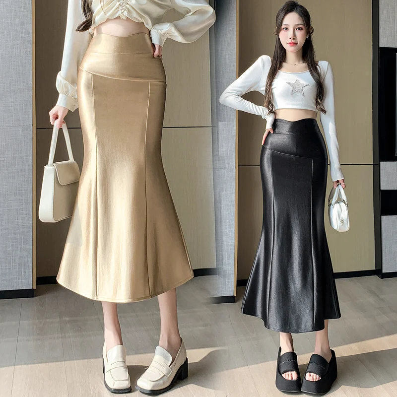 

Spring Autumn Satin Fishtail Long Skirt Women Radian High Waist Wrap Hip Sexy Ladies Midi Skirts Back Split Elegant Jupe Femme