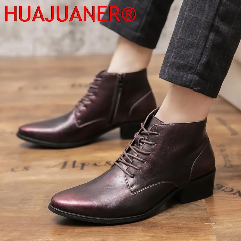 Spring Autumn Elegant Business Men's Boots Leather Men Lace-up Solid Dress Formal Boots Model Fashion Show Black Red Mens Shoes