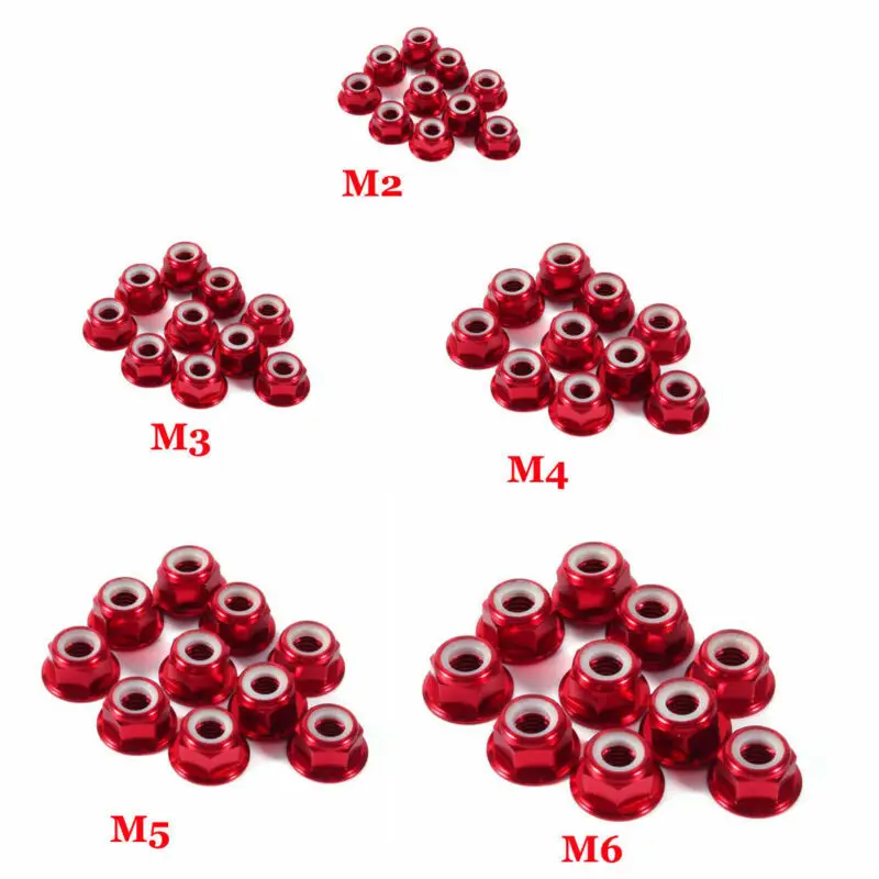 10Pcs M2/M3/M4/M5/M6 Aluminum Flanged Nylon Insert Anti-Loose Nut Self-Locking Hex Locknut Slip Lock Nut Blue Red  Black etc