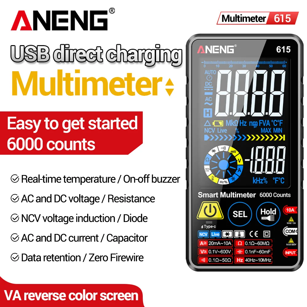 

Multimeter Rechargeable Tester ANENG 615 Smart Touch Screen Digital Display AC/DC Voltage Current Professional Electrician Teste