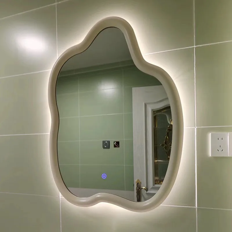 Nordic cream wind bathroom bathroom wall hanging irregular rubber wood makeup mirror wall hanging decoration dresser mirror