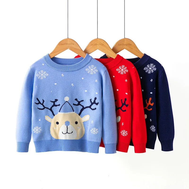 

Boys Girls Cute Xmas Pullovers Winter Christmas Reindeer Sweater Long Sleeves Knitwear Cartoon Casual Warm Children's Clothing