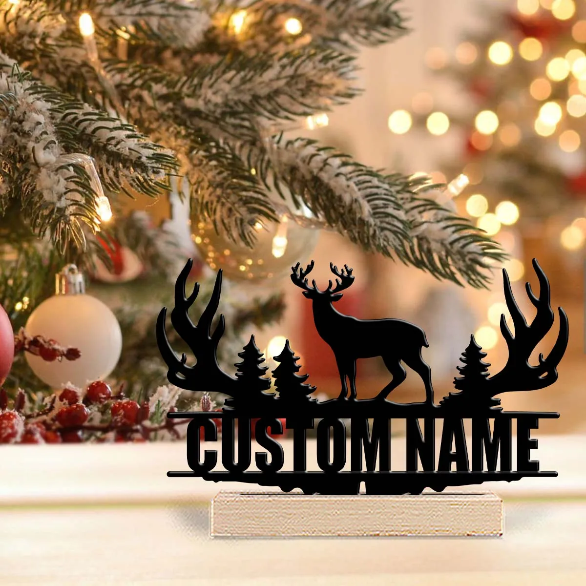 1Pc Csutom Forest Deer Wooden Base Desktop Metal Art,Home Office Hotel Cafe Club Decor,Ideal Gift for Family Friends