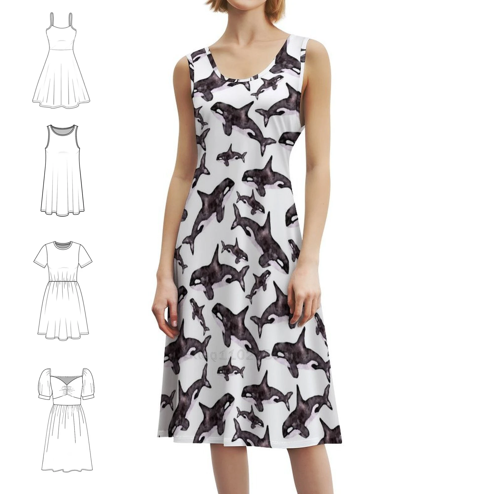 جراب الحوت أوركا بالألوان المائية | فستان بوهيمي بدون أكمام بنمط متعدد الطباعات لحفلات عطلة الشاطئ بألوان مائية قاتل الحوت #1