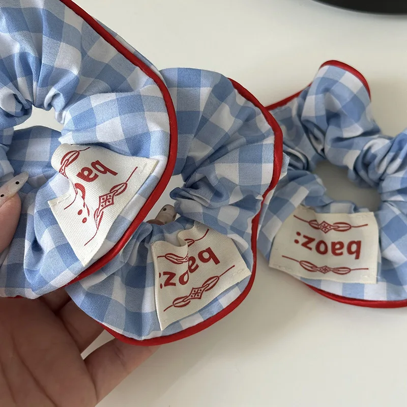 Cute Large Plaid Grid Scrunchies White Blue Color Hair Tie Ponytail Holder Elastic Hair Band Rubber Bands Women Hair Accessories