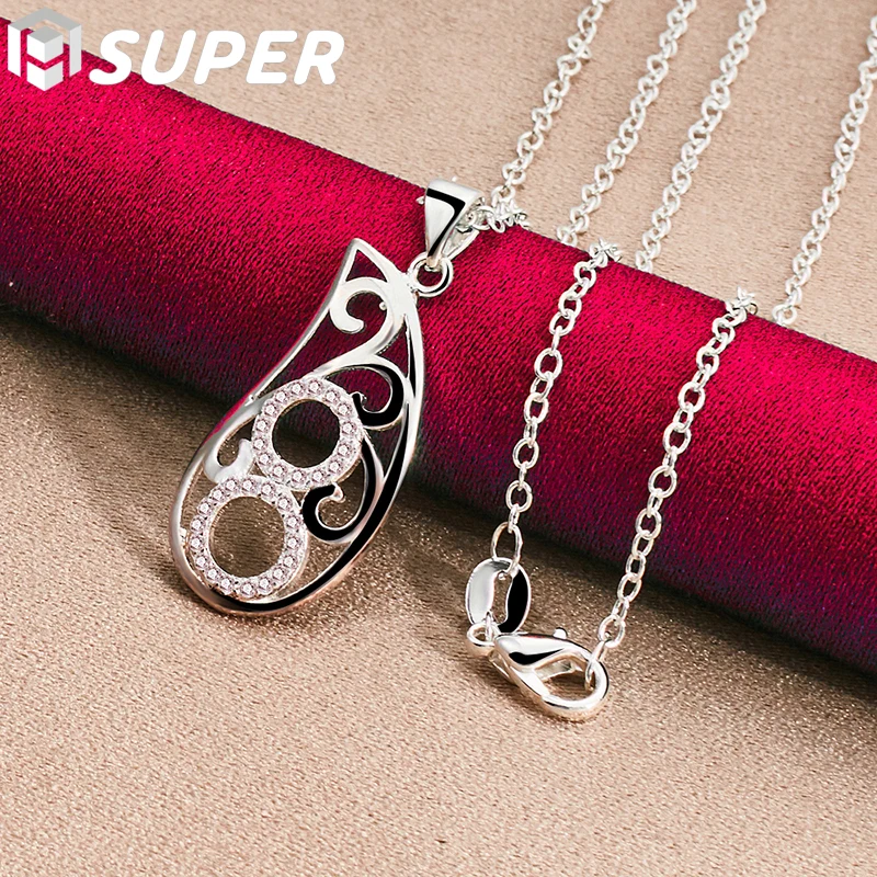 

925 Sterling Silver Water Droplet Round AAA Zircon Pendant Necklace 16-30 Inch Chain For Women Wedding Charm Jewelry