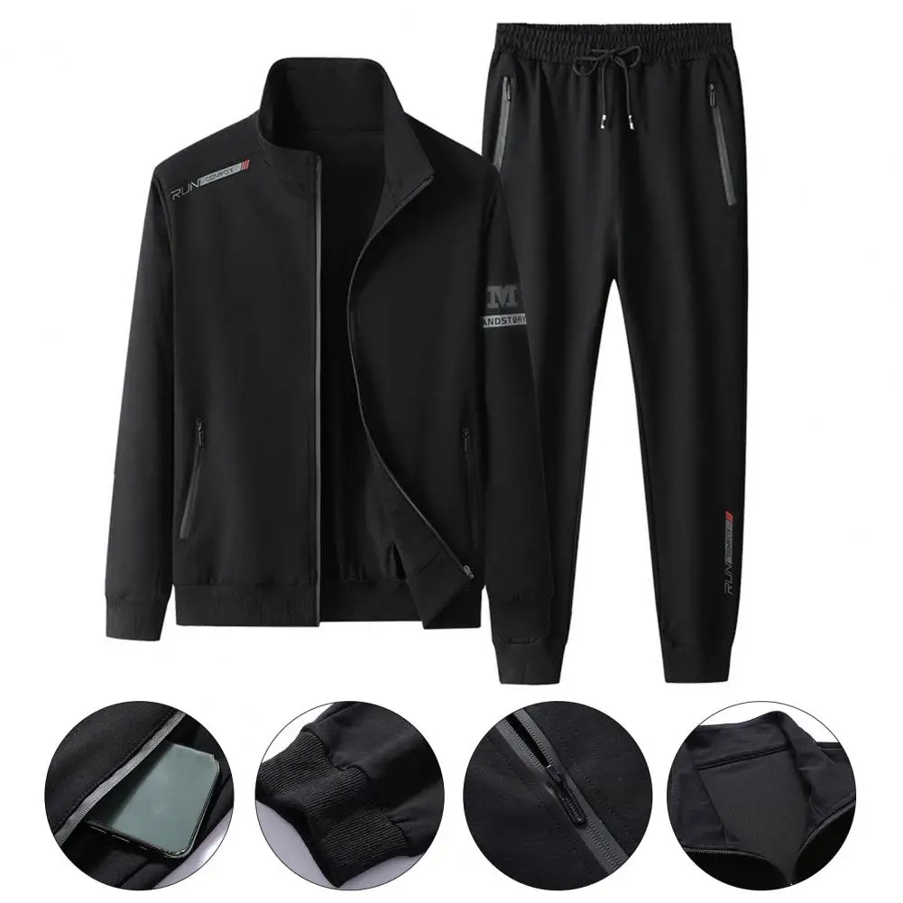 2 Pcs/Set Men Coat Pants Suit Stand Collar Zipper Closure Warm Casual Long Sleeve Mid-aged Men Sports Fitness Tracksuit