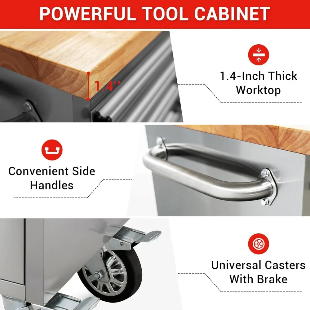 72-inch Rolling Tool Chest with 15 Drawers and Wheels, Mobile Garage Workbench, Large Tool Box Storage Tool Cabinet with Wood T