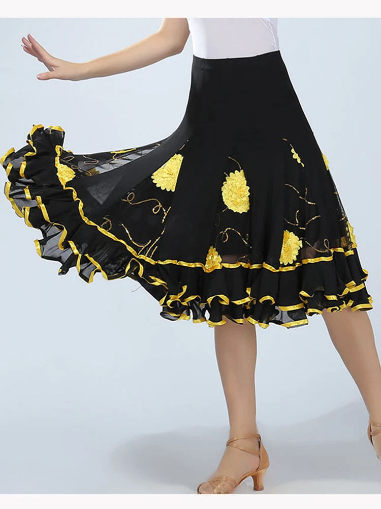 Women Modern Skirt Ballroom Dance Skirt Flower Flamenco Skirts Square Sequin Belly Dancing Wear Women Waltz Dancing Costumes