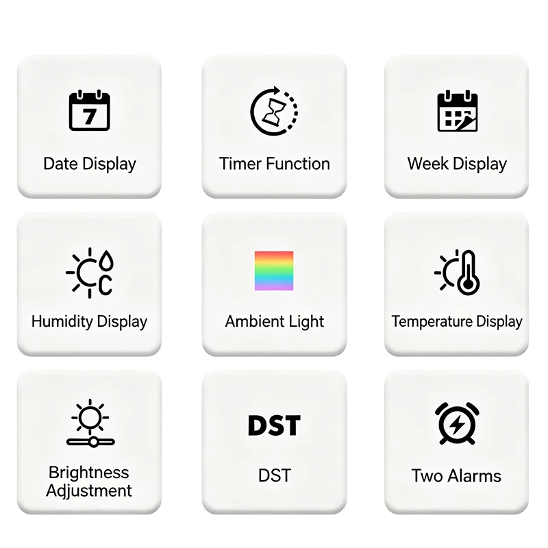 10-Inch Digital Wall Clock Ambient Light TEMP/Humidity/Date/Week/DST Display LED Alarm Clock Timer Two Alarms Living Room Home
