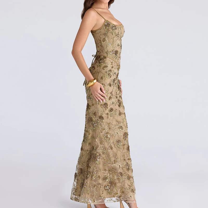 Nuevo temperamento vestido largo con hombros descubiertos, vestido de playa sin mangas estampado a la moda, vestido de fiesta de cintura alta de corte bajo para primavera y verano para mujer