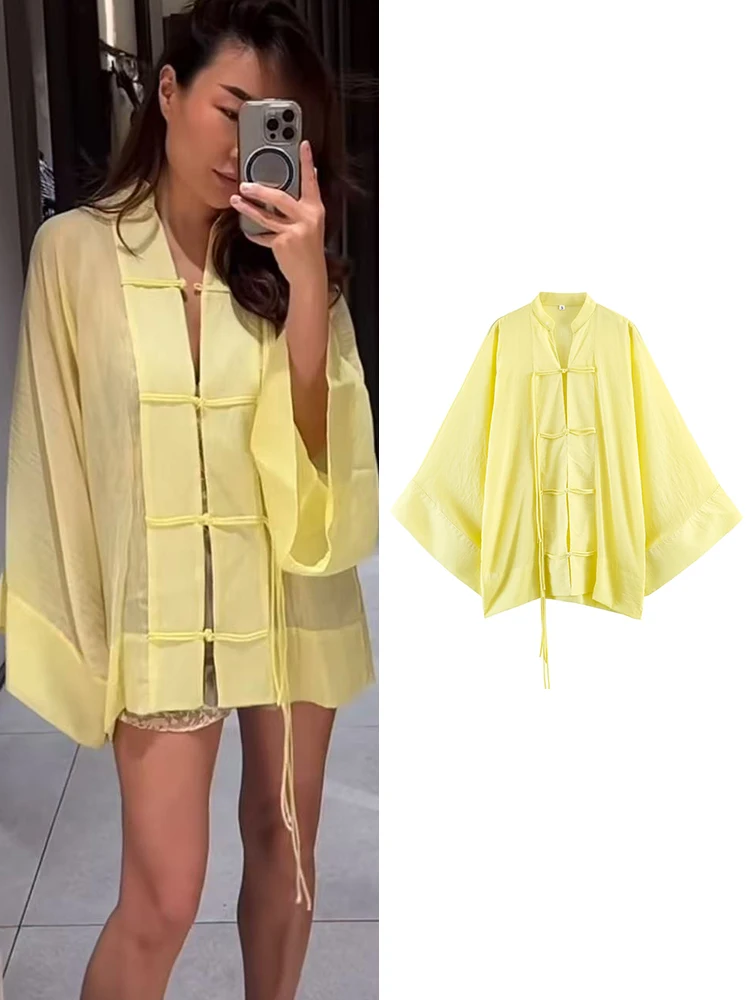 TFMLN Summer New Fashion Women Loose Blouse Elegant Loose Long Sleeve Single-breasted Casual Shirts Fashion See Through Thin Top