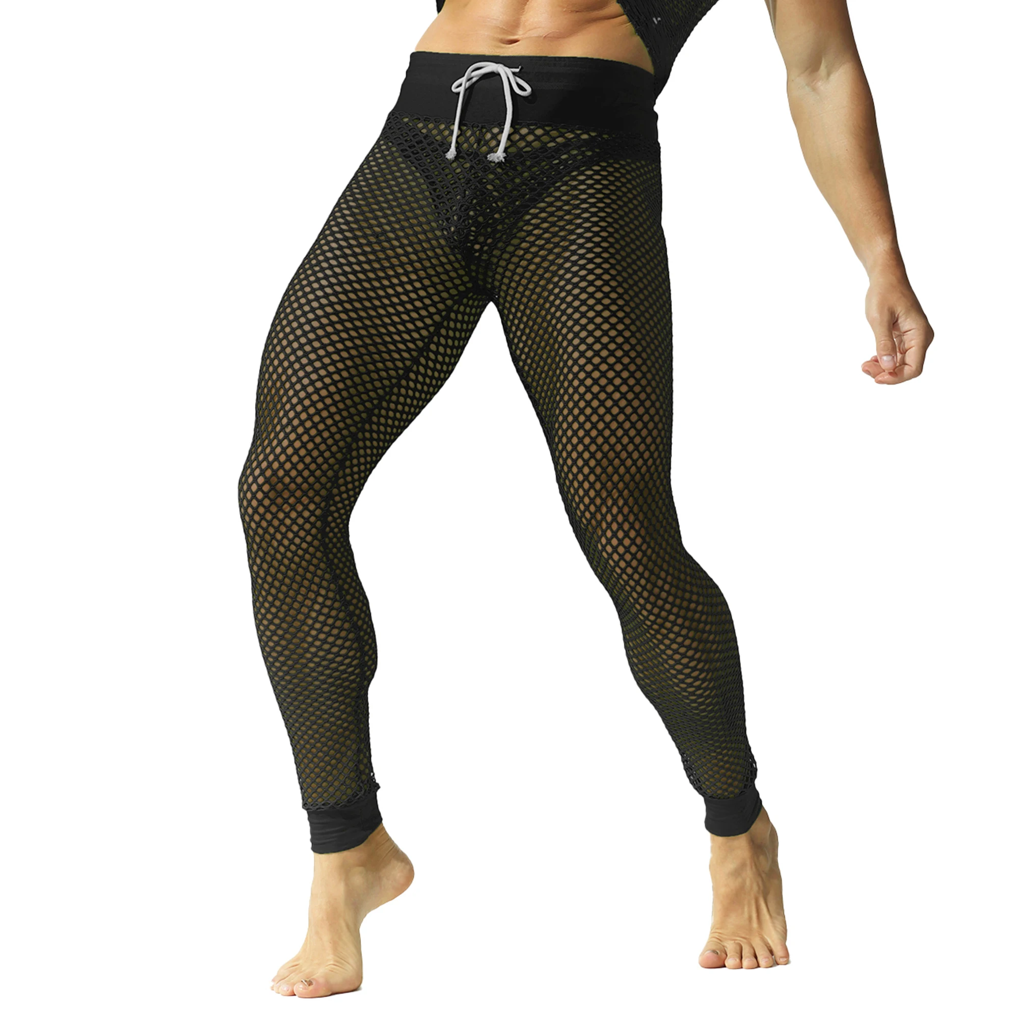 

Sexy Men Sleep Bottoms Fishnet Pajamas Hollow Out Trousers Male Leggings Underwear Hombre Long Pants Mesh See Through Nightgown