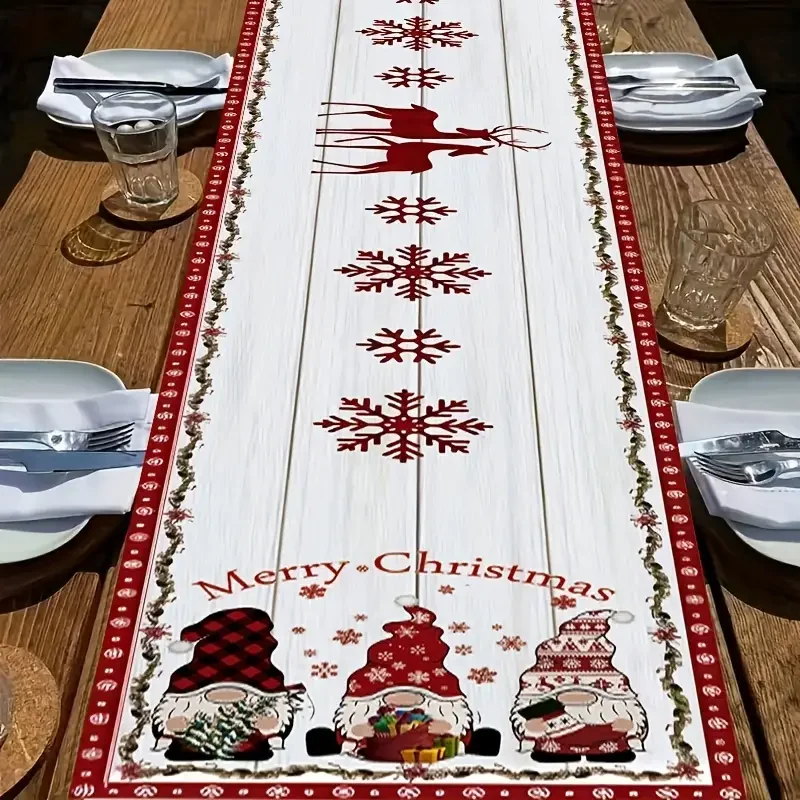 Merry Christmas Tablecloth Festive Gnome & Snowflake Design With Buffalo Plaid Santa Print