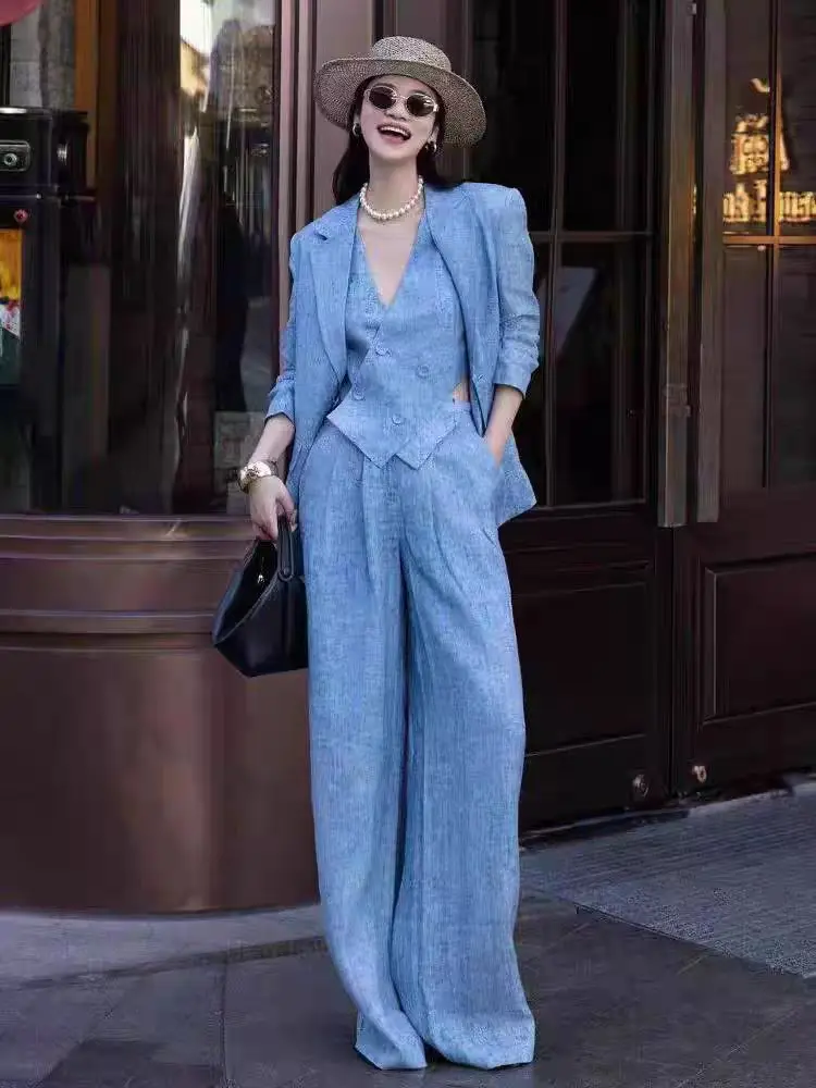 Conjunto de Moda de Lino Azul para Mujer, Traje de Tres Piezas, Pantalones Anchos, Chaleco, Estilo Casual, Colección Otoño, Conjunto de Moda para Adultos