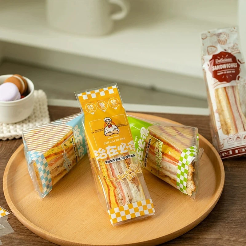 100 Uds. Envoltorios para sándwich, desechables especiales, fáciles de rasgar, bolsa de embalaje triangular transparente para hornear pasteles y pan