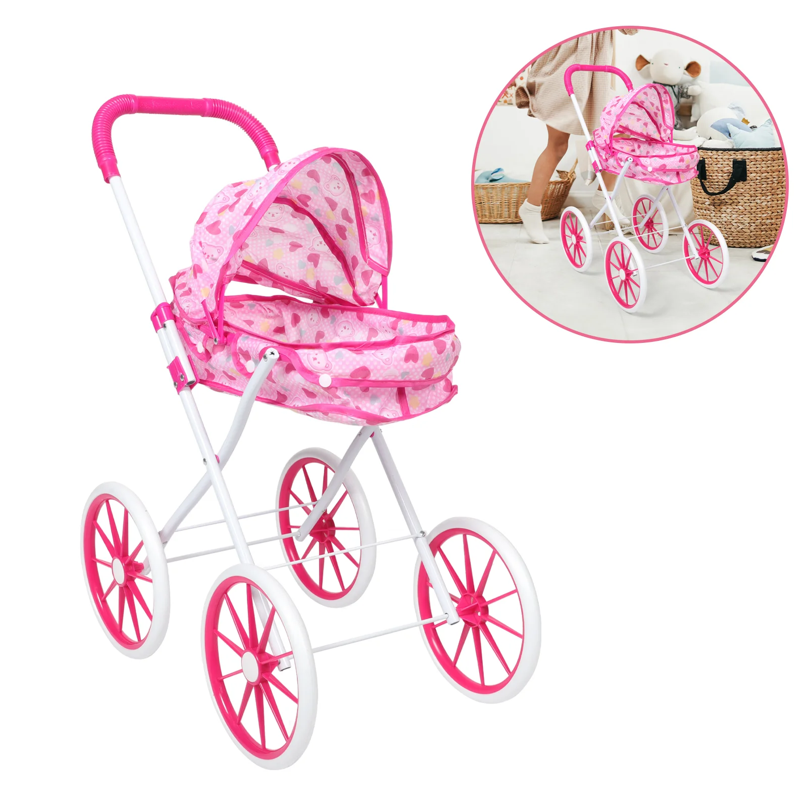 

Reborn Baby Dolls Trolley Toy Pram Kids Stroller Carriage Pretend Play Shopping Cart Pink Comforting Toys Child