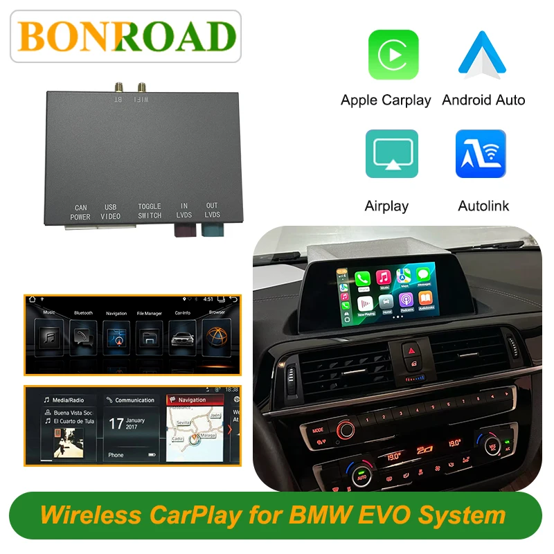 BONROAD Wireless CarPlay Android Auto Decoder Box For BMW 1-7 Series X1 X3-X6 MiNi F20 F30 F48 F15 G30 G01 (2016-2020) EVO System Support Android Auto Mirror Link Navigation